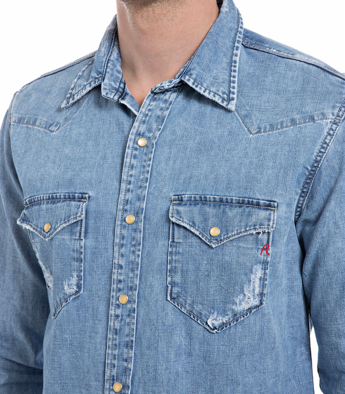 Agedミディアムブルーデニムウエスタンシャツ｜REPLAY リプレイ公式  