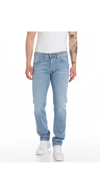 即決★REPLAY★リプレイ ストレートデニム 32 W83 明るめインディゴ 美品★ メンズ ボタンフライ☆ リプレイ REPLAY ストレートデニム ローライズ 刺繍 ダメージ 25⁄32