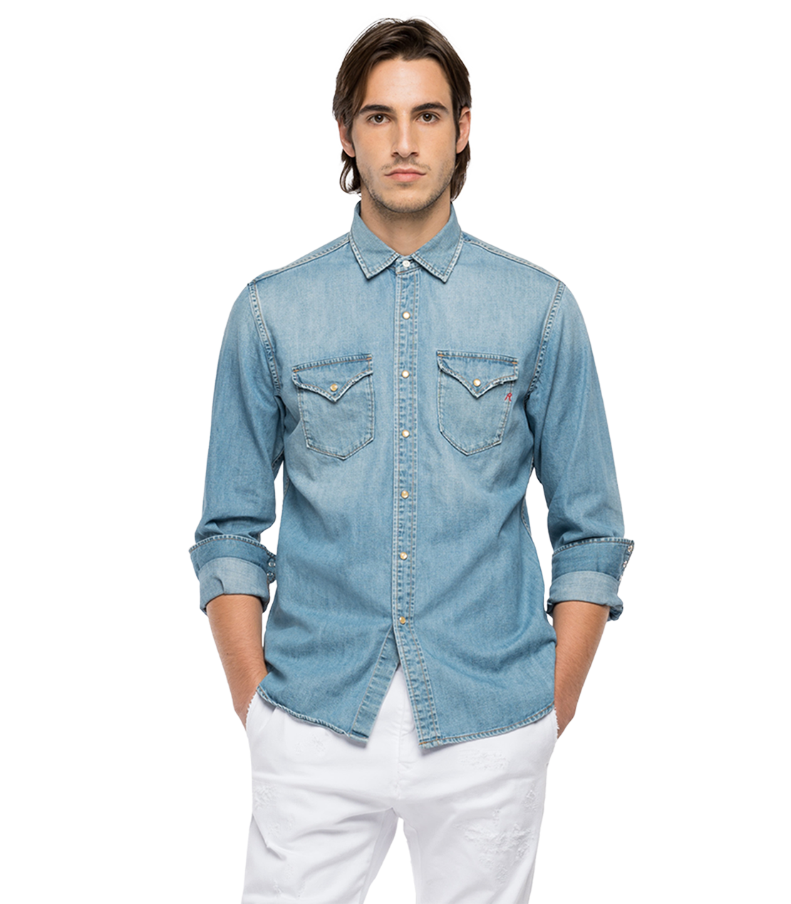 定価4.2万 AKM STRETCH 7OZ 押し戻し SNAP SLUB デニムシャツM 